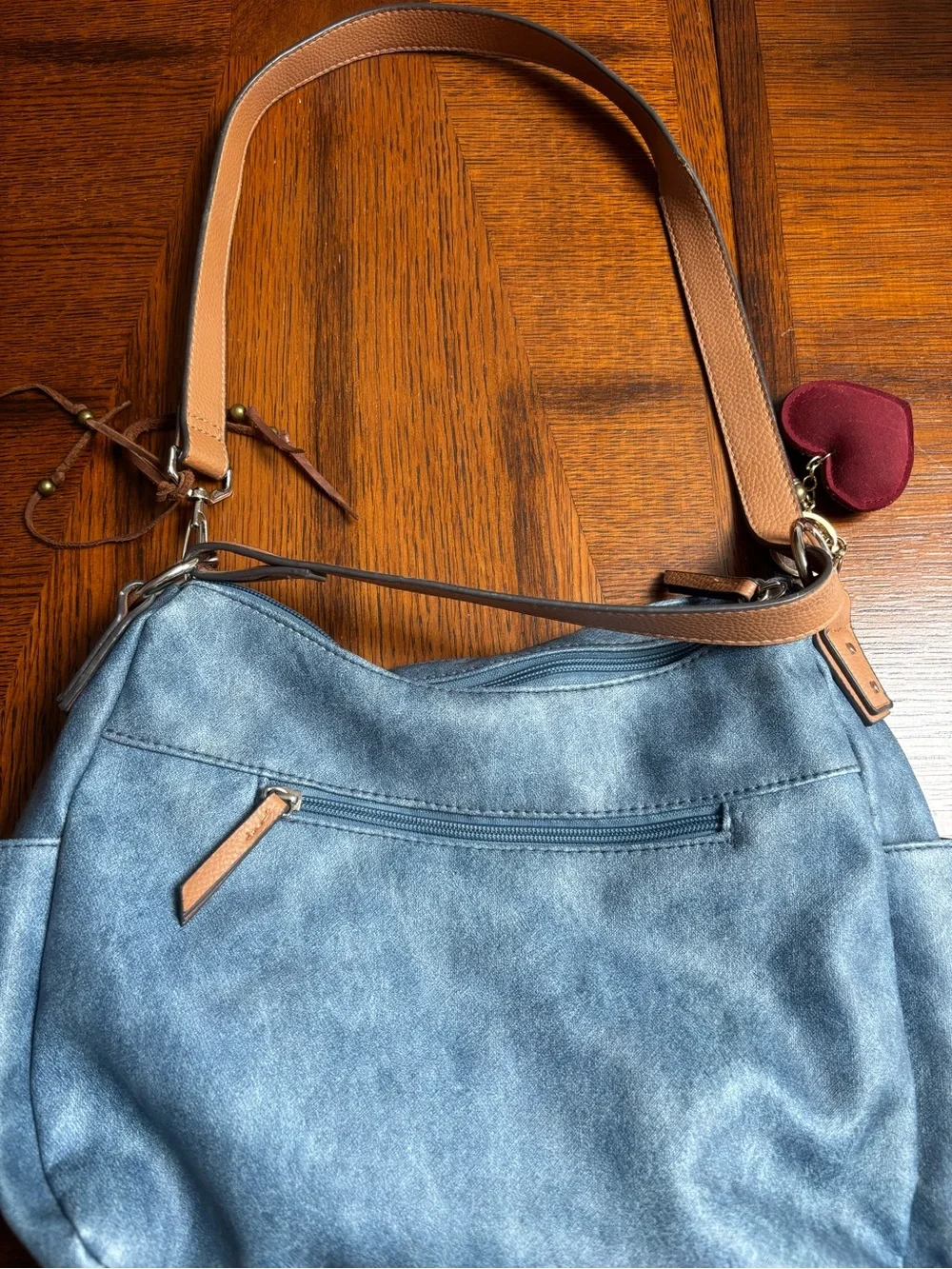 hobo-style shoulder bag denim-look faux leather in blue.